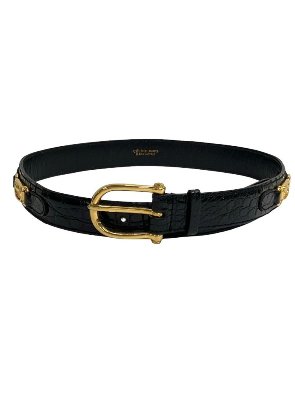 Celine Belt 65 Black Gold Embossed Horse Carriage Leather